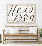 He is Risen Sign, Christian Easter Wall Decor handmade by ToeFishArt. Original, custom, personalized wall decor signs. Canvas, Wood or Metal. Rustic modern farmhouse, cottagecore, vintage, retro, industrial, Americana, primitive, country, coastal, minimalist.