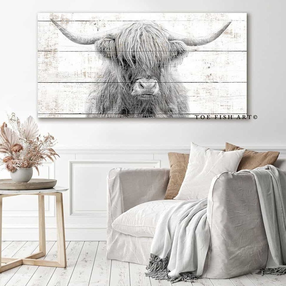Highland Cow Sign handmade by ToeFishArt. Original, custom, personalized wall decor signs. Canvas, Wood or Metal. Rustic modern farmhouse, cottagecore, vintage, retro, industrial, Americana, primitive, country, coastal, minimalist.