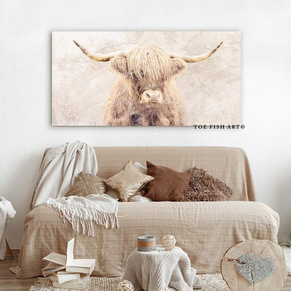 Highland Cow Sign handmade by ToeFishArt. Original, custom, personalized wall decor signs. Canvas, Wood or Metal. Rustic modern farmhouse, cottagecore, vintage, retro, industrial, Americana, primitive, country, coastal, minimalist.