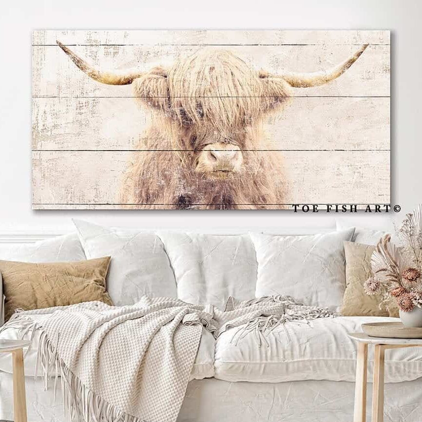 Highland Cow Sign handmade by ToeFishArt. Original, custom, personalized wall decor signs. Canvas, Wood or Metal. Rustic modern farmhouse, cottagecore, vintage, retro, industrial, Americana, primitive, country, coastal, minimalist.