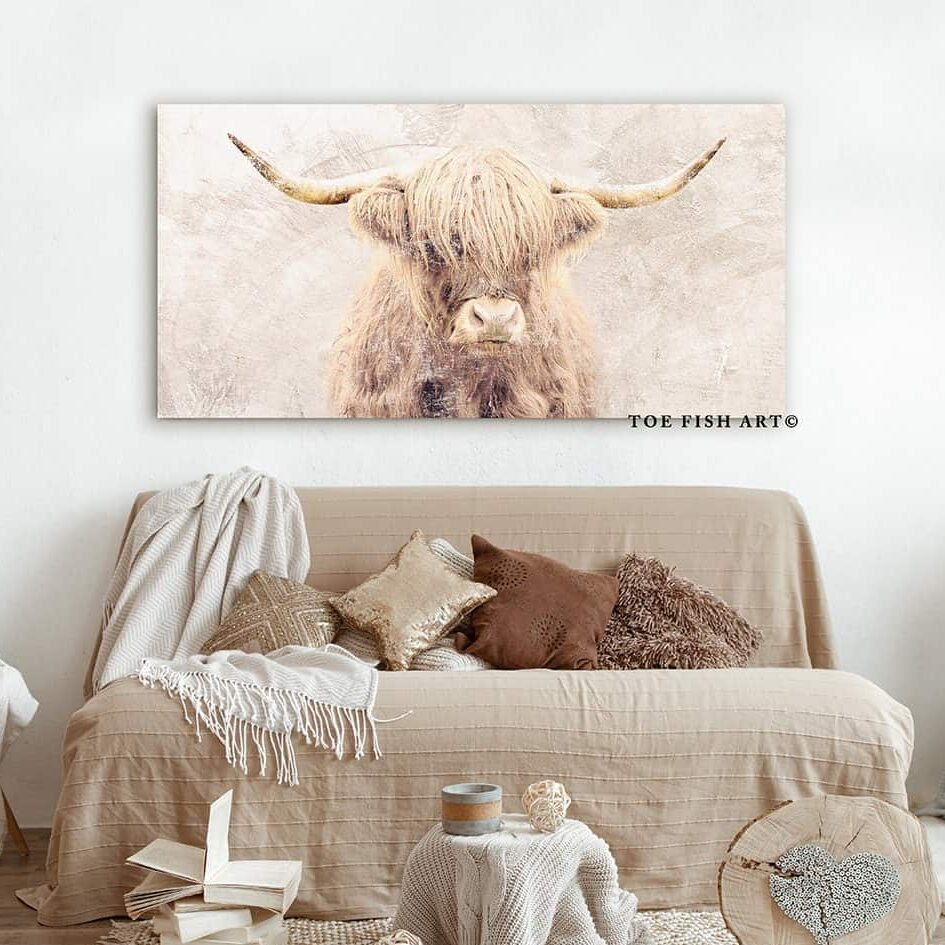 Highland Cow Sign handmade by ToeFishArt. Original, custom, personalized wall decor signs. Canvas, Wood or Metal. Rustic modern farmhouse, cottagecore, vintage, retro, industrial, Americana, primitive, country, coastal, minimalist.