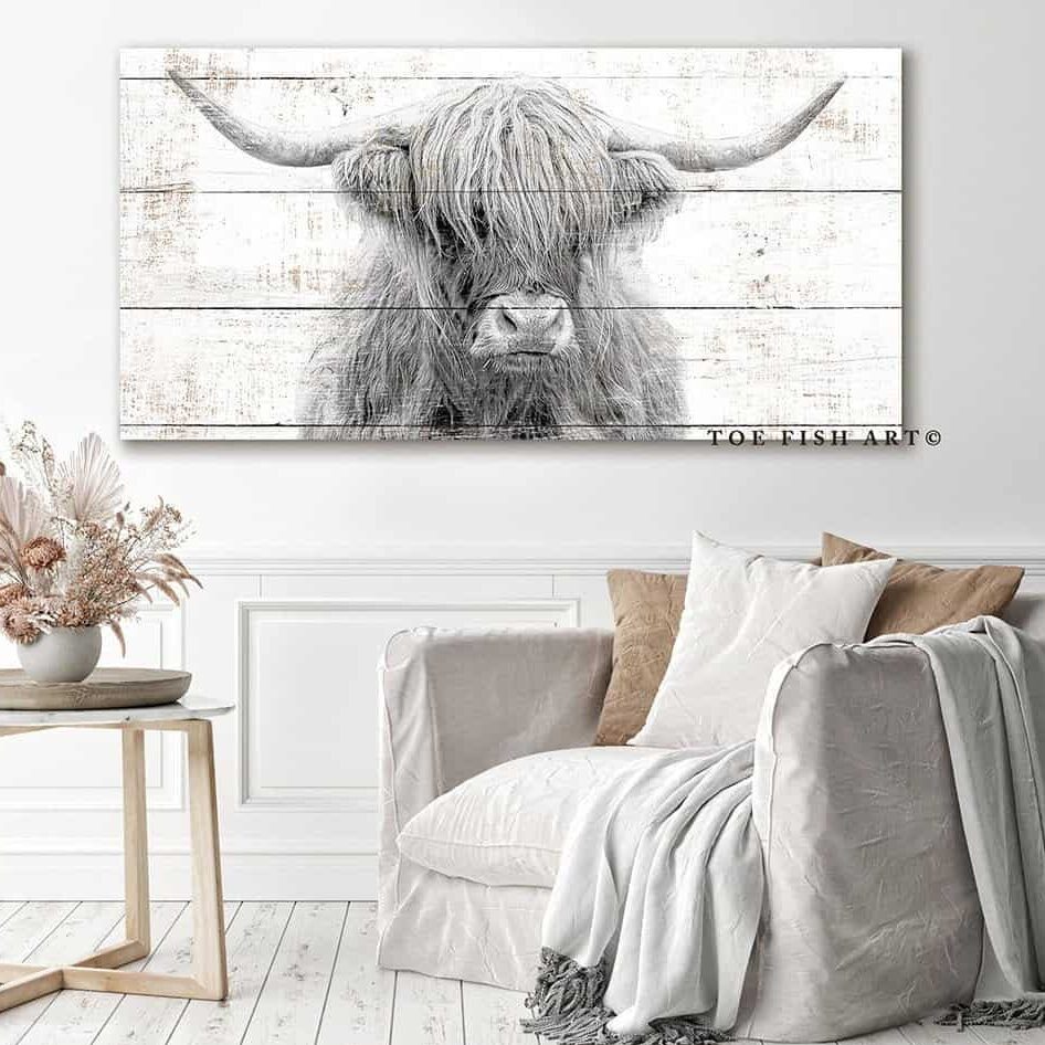 Highland Cow Sign handmade by ToeFishArt. Original, custom, personalized wall decor signs. Canvas, Wood or Metal. Rustic modern farmhouse, cottagecore, vintage, retro, industrial, Americana, primitive, country, coastal, minimalist.