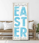Hippity Hoppity Easter Sign handmade by ToeFishArt. Original, custom, personalized wall decor signs. Canvas, Wood or Metal. Rustic modern farmhouse, cottagecore, vintage, retro, industrial, Americana, primitive, country, coastal, minimalist.