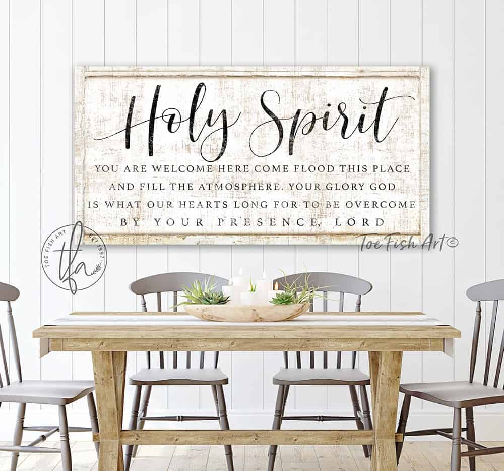 Holy Spirit You are Welcome Here Sign handmade by ToeFishArt. Original, custom, personalized wall decor signs. Canvas, Wood or Metal. Rustic modern farmhouse, cottagecore, vintage, retro, industrial, Americana, primitive, country, coastal, minimalist.