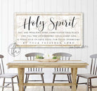 Holy Spirit You are Welcome Here Sign handmade by ToeFishArt. Original, custom, personalized wall decor signs. Canvas, Wood or Metal. Rustic modern farmhouse, cottagecore, vintage, retro, industrial, Americana, primitive, country, coastal, minimalist.