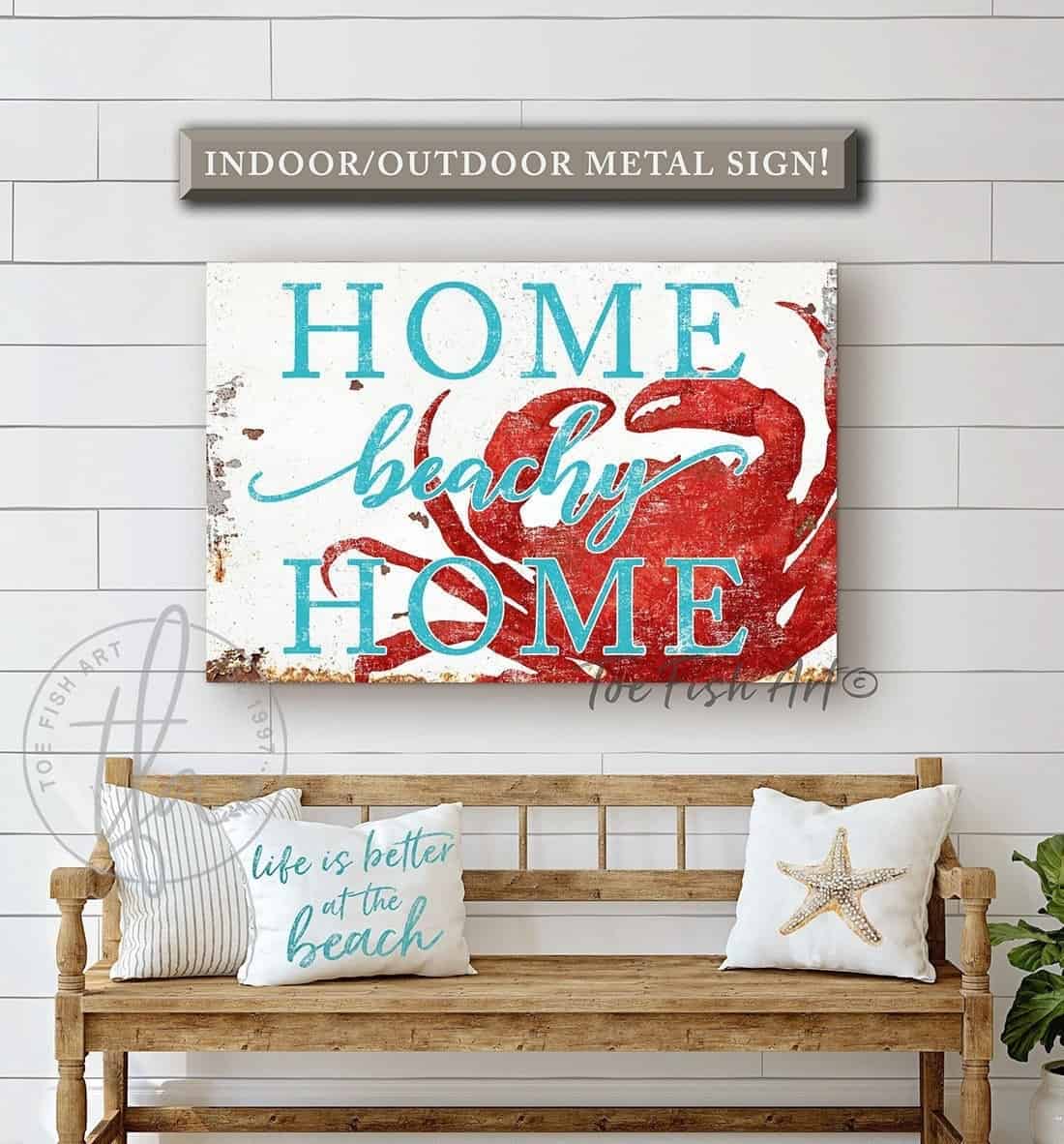 Home Beachy Home Sign handmade by ToeFishArt. Original, custom, personalized wall decor signs. Canvas, Wood or Metal. Rustic modern farmhouse, cottagecore, vintage, retro, industrial, Americana, primitive, country, coastal, minimalist.