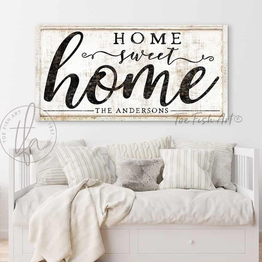 Home Sweet Home Sign handmade by ToeFishArt. Original, custom, personalized wall decor signs. Canvas, Wood or Metal. Rustic modern farmhouse, cottagecore, vintage, retro, industrial, Americana, primitive, country, coastal, minimalist.
