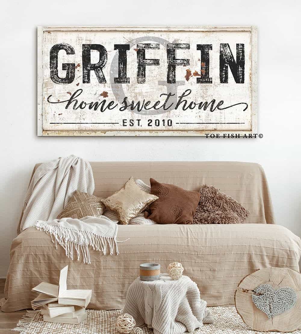 Home Sweet Home Sign handmade by ToeFishArt. Original, custom, personalized wall decor signs. Canvas, Wood or Metal. Rustic modern farmhouse, cottagecore, vintage, retro, industrial, Americana, primitive, country, coastal, minimalist.