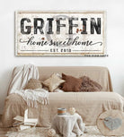 Home Sweet Home Sign handmade by ToeFishArt. Original, custom, personalized wall decor signs. Canvas, Wood or Metal. Rustic modern farmhouse, cottagecore, vintage, retro, industrial, Americana, primitive, country, coastal, minimalist.