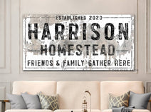 Homestead Sign handmade by ToeFishArt. Original, custom, personalized wall decor signs. Canvas, Wood or Metal. Rustic modern farmhouse, cottagecore, vintage, retro, industrial, Americana, primitive, country, coastal, minimalist.