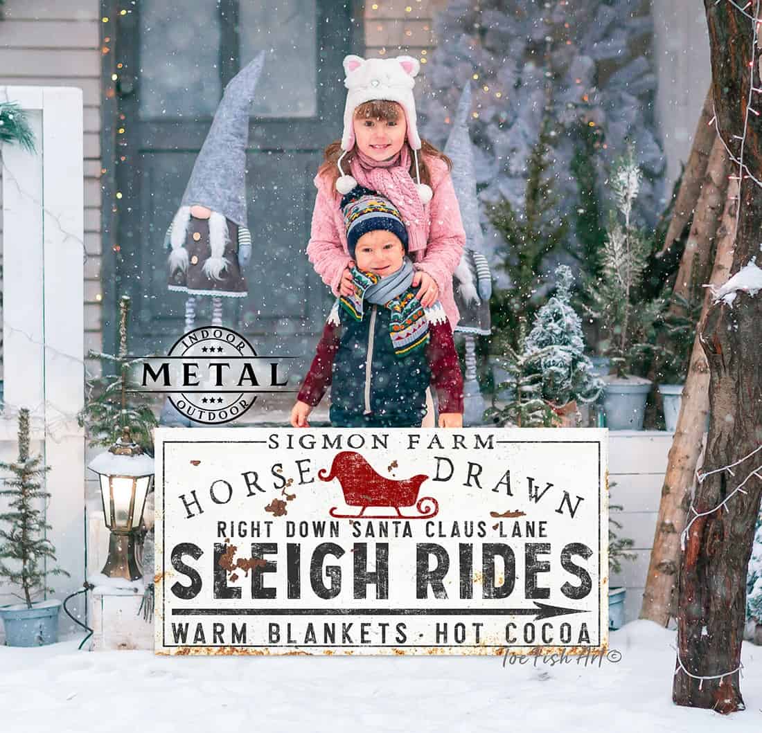 Horse Drawn Sleigh Rides Personalized Sign rustic modern farmhouse style indoor-outdoor metal winter holiday decoration handmade by ToeFishArt. Original, custom, personalized wall decor signs. Canvas, Wood or Metal. Rustic modern farmhouse, cottagecore, vintage, retro, industrial, Americana, primitive, country, coastal, minimalist.