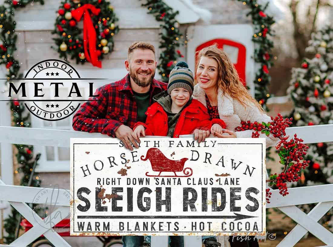Horse Drawn Sleigh Rides Personalized Sign rustic modern farmhouse style indoor-outdoor metal winter holiday decoration handmade by ToeFishArt. Original, custom, personalized wall decor signs. Canvas, Wood or Metal. Rustic modern farmhouse, cottagecore, vintage, retro, industrial, Americana, primitive, country, coastal, minimalist.