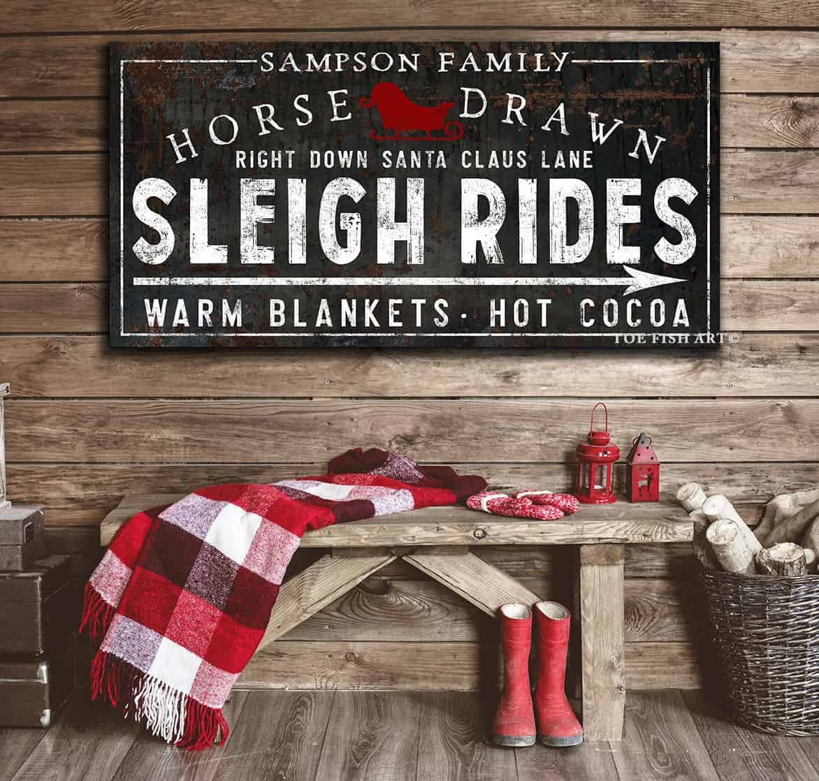 Horse Drawn Sleigh Rides Sign handmade by ToeFishArt. Original, custom, personalized wall decor signs. Canvas, Wood or Metal. Rustic modern farmhouse, cottagecore, vintage, retro, industrial, Americana, primitive, country, coastal, minimalist.