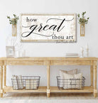 How Great Thou Art Sign handmade by ToeFishArt. Original, custom, personalized wall decor signs. Canvas, Wood or Metal. Rustic modern farmhouse, cottagecore, vintage, retro, industrial, Americana, primitive, country, coastal, minimalist.