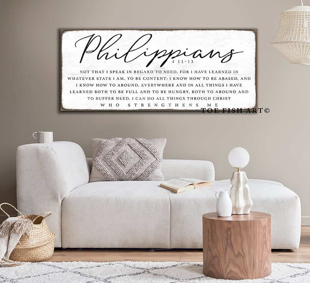 I Can Do All Things Through Christ Sign handmade by ToeFishArt. Original, custom, personalized wall decor signs. Canvas, Wood or Metal. Rustic modern farmhouse, cottagecore, vintage, retro, industrial, Americana, primitive, country, coastal, minimalist.
