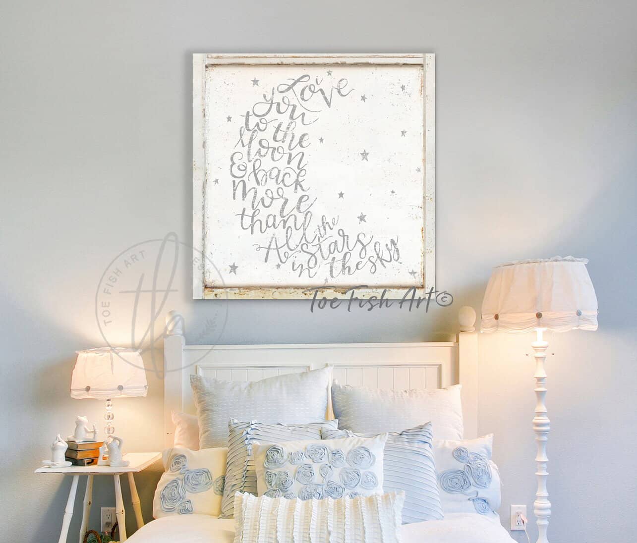 I Love You To The Moon and Back More Than All the Stars Sign handmade by ToeFishArt. Original, custom, personalized wall decor signs. Canvas, Wood or Metal. Rustic modern farmhouse, cottagecore, vintage, retro, industrial, Americana, primitive, country, coastal, minimalist.