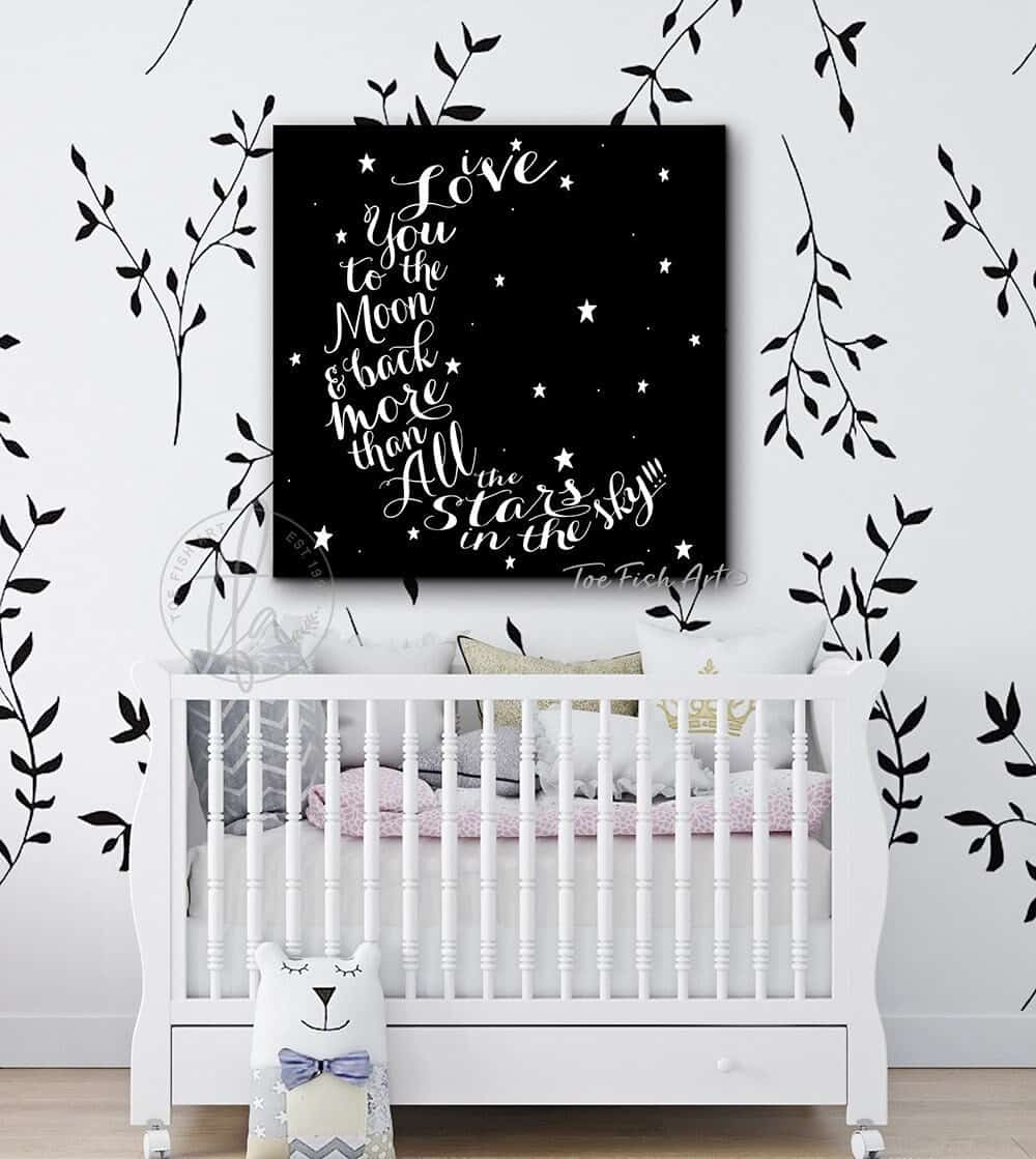 I Love You to the Moon & Back Sign handmade by ToeFishArt. Original, custom, personalized wall decor signs. Canvas, Wood or Metal. Rustic modern farmhouse, cottagecore, vintage, retro, industrial, Americana, primitive, country, coastal, minimalist.
