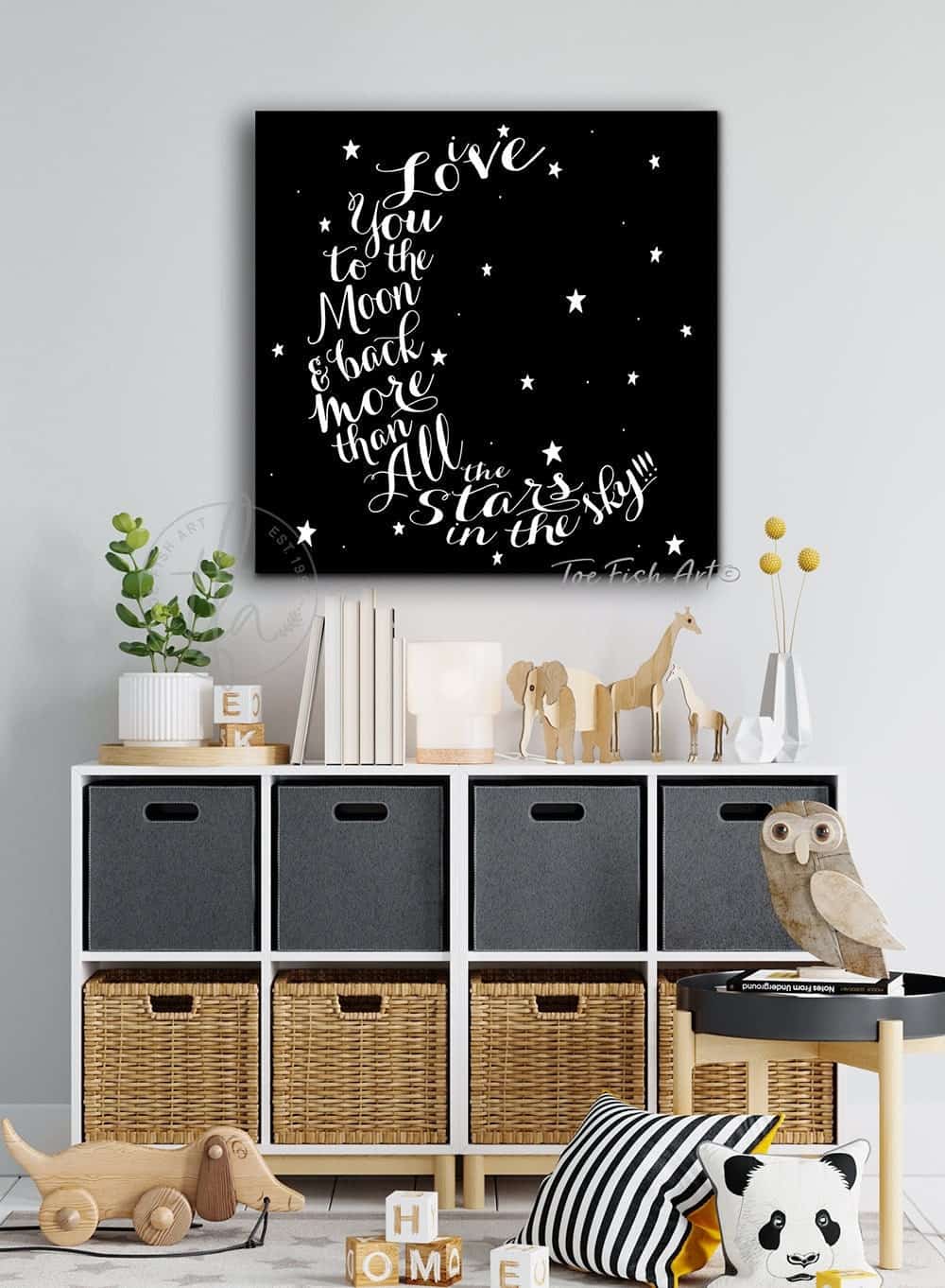 I Love You to the Moon & Back Sign handmade by ToeFishArt. Original, custom, personalized wall decor signs. Canvas, Wood or Metal. Rustic modern farmhouse, cottagecore, vintage, retro, industrial, Americana, primitive, country, coastal, minimalist.