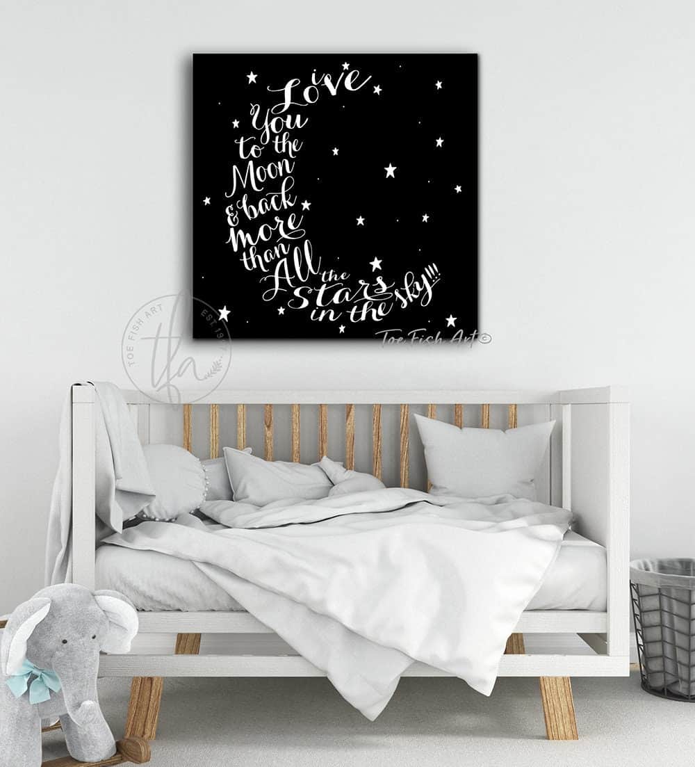I Love You to the Moon & Back Sign handmade by ToeFishArt. Original, custom, personalized wall decor signs. Canvas, Wood or Metal. Rustic modern farmhouse, cottagecore, vintage, retro, industrial, Americana, primitive, country, coastal, minimalist.