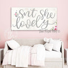 Isn't She Lovely Sign handmade by ToeFishArt. Original, custom, personalized wall decor signs. Canvas, Wood or Metal. Rustic modern farmhouse, cottagecore, vintage, retro, industrial, Americana, primitive, country, coastal, minimalist.