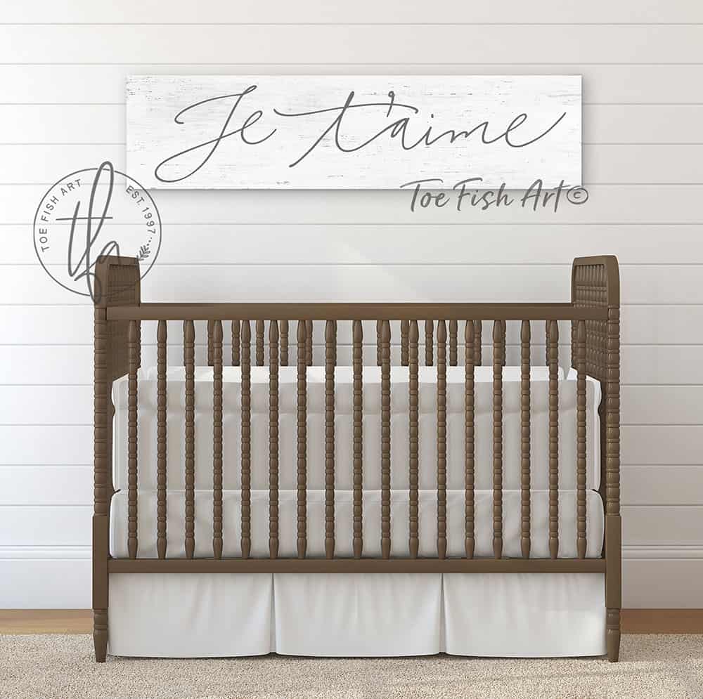 Je t'aime Sign French I Love You Sign handmade by ToeFishArt. Original, custom, personalized wall decor signs. Canvas, Wood or Metal. Rustic modern farmhouse, cottagecore, vintage, retro, industrial, Americana, primitive, country, coastal, minimalist.