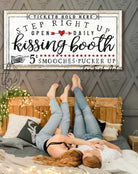 Kissing Booth Sign handmade by ToeFishArt. Original, custom, personalized wall decor signs. Canvas, Wood or Metal. Rustic modern farmhouse, cottagecore, vintage, retro, industrial, Americana, primitive, country, coastal, minimalist.