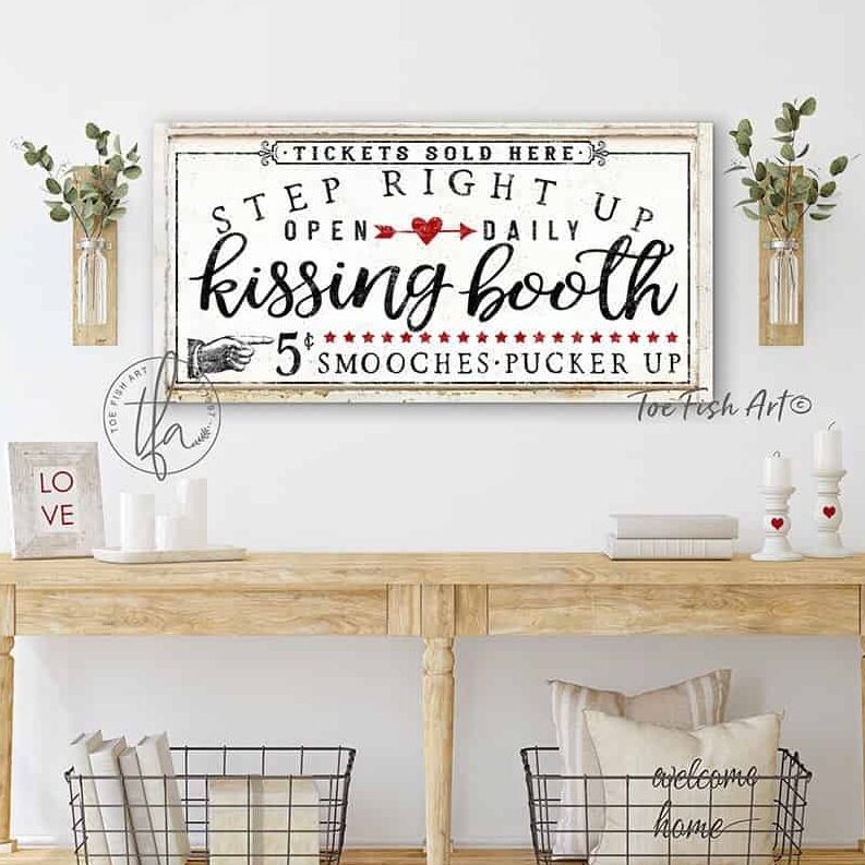 Kissing Booth Sign handmade by ToeFishArt. Original, custom, personalized wall decor signs. Canvas, Wood or Metal. Rustic modern farmhouse, cottagecore, vintage, retro, industrial, Americana, primitive, country, coastal, minimalist.
