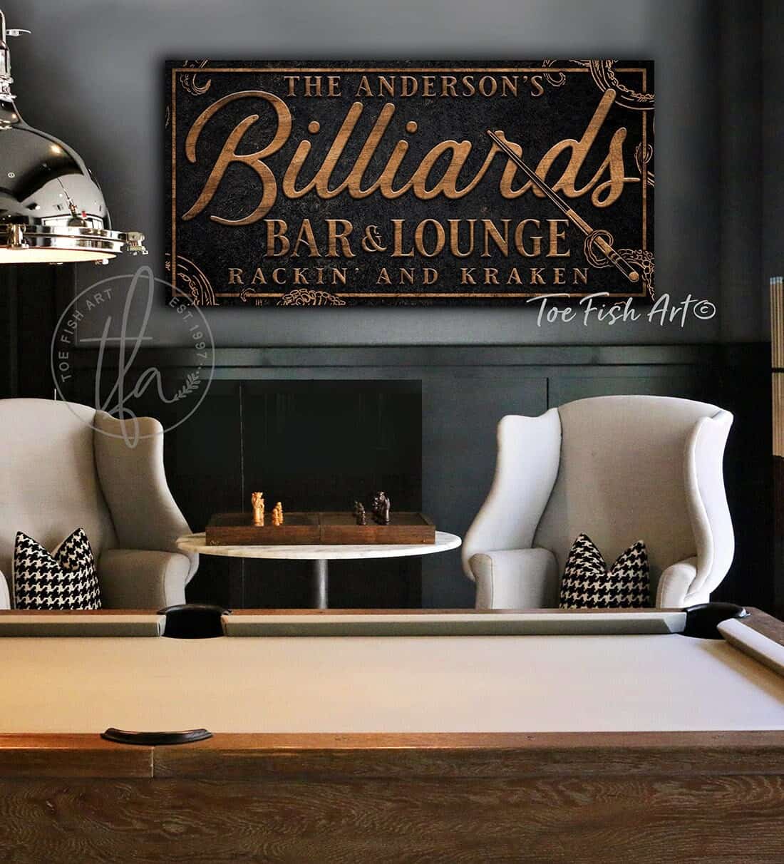 Kraken Billiards Bar & Lounge Sign handmade by ToeFishArt. Original, custom, personalized wall decor signs. Canvas, Wood or Metal. Rustic modern farmhouse, cottagecore, vintage, retro, industrial, Americana, primitive, country, coastal, minimalist.