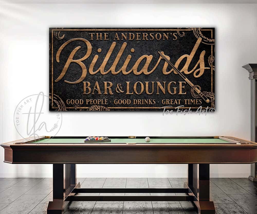 Kraken Billiards Bar & Lounge Sign handmade by ToeFishArt. Original, custom, personalized wall decor signs. Canvas, Wood or Metal. Rustic modern farmhouse, cottagecore, vintage, retro, industrial, Americana, primitive, country, coastal, minimalist.