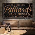 Kraken Billiards Bar & Lounge Sign handmade by ToeFishArt. Original, custom, personalized wall decor signs. Canvas, Wood or Metal. Rustic modern farmhouse, cottagecore, vintage, retro, industrial, Americana, primitive, country, coastal, minimalist.