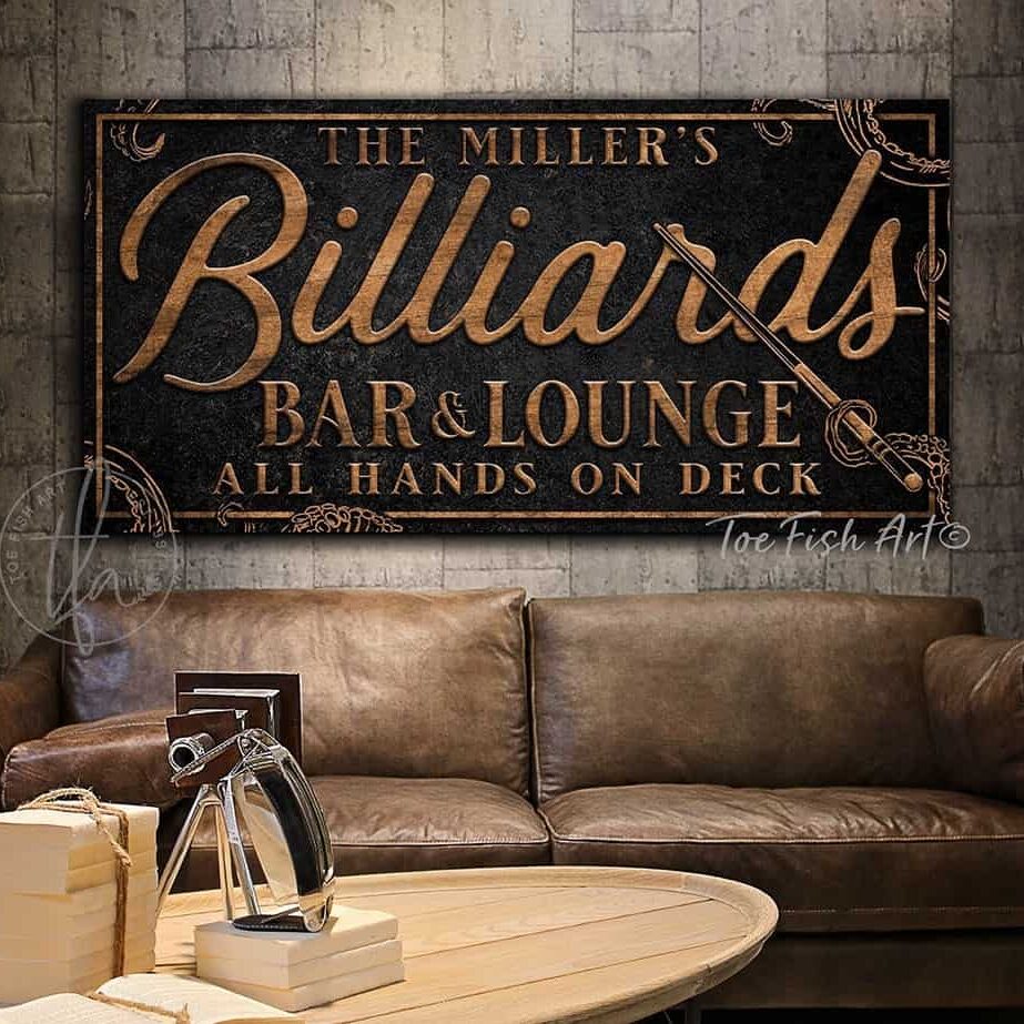 Kraken Billiards Bar & Lounge Sign handmade by ToeFishArt. Original, custom, personalized wall decor signs. Canvas, Wood or Metal. Rustic modern farmhouse, cottagecore, vintage, retro, industrial, Americana, primitive, country, coastal, minimalist.