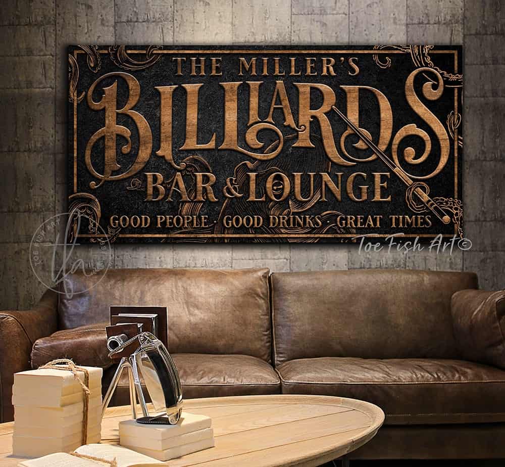 Kraken Billiards Bar & Lounge Sign handmade by ToeFishArt. Original, custom, personalized wall decor signs. Canvas, Wood or Metal. Rustic modern farmhouse, cottagecore, vintage, retro, industrial, Americana, primitive, country, coastal, minimalist.