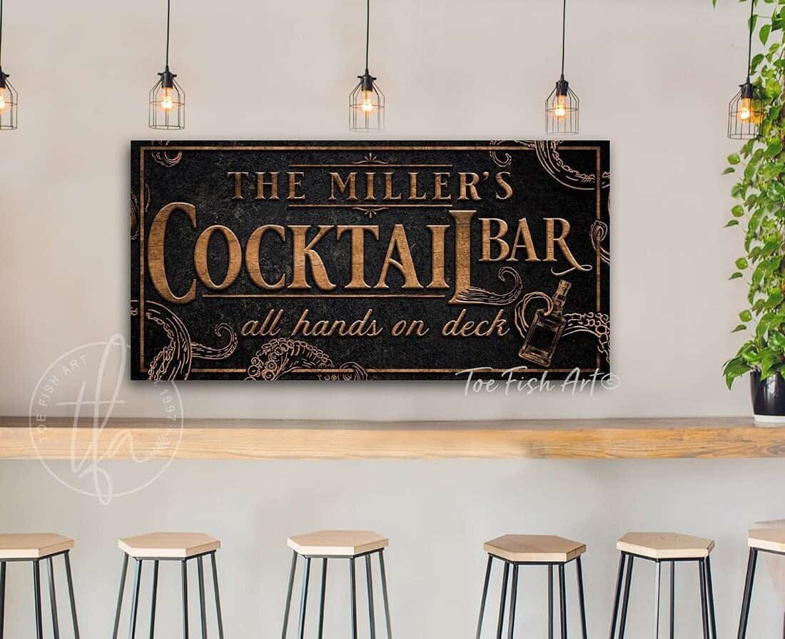 Kraken Cocktail Bar Sign handmade by ToeFishArt. Original, custom, personalized wall decor signs. Canvas, Wood or Metal. Rustic modern farmhouse, cottagecore, vintage, retro, industrial, Americana, primitive, country, coastal, minimalist.