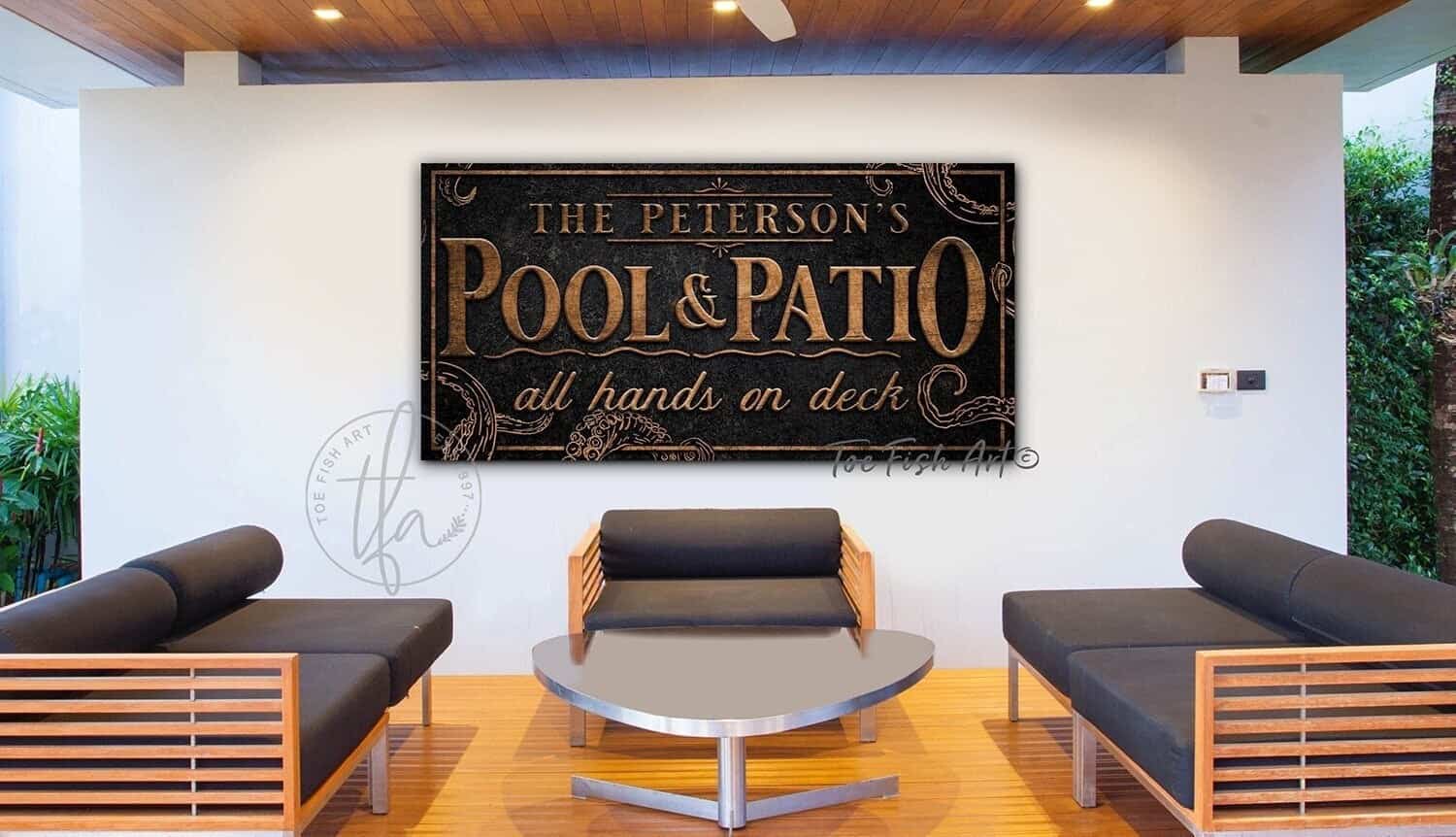 Kraken Pool & Patio Sign handmade by ToeFishArt. Original, custom, personalized wall decor signs. Canvas, Wood or Metal. Rustic modern farmhouse, cottagecore, vintage, retro, industrial, Americana, primitive, country, coastal, minimalist.