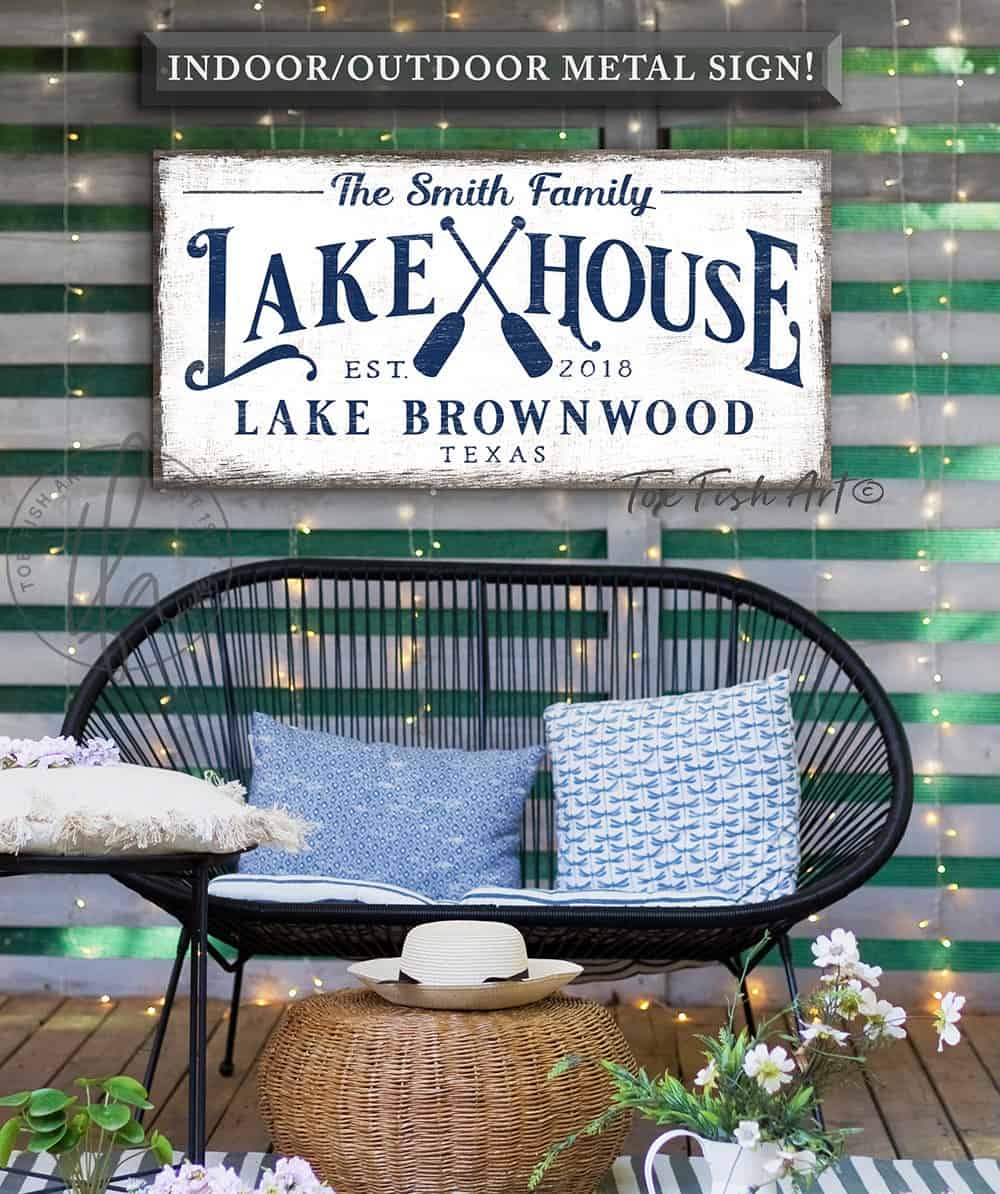 Lake House Personalized Sign handmade by ToeFishArt. Original, custom, personalized wall decor signs. Canvas, Wood or Metal. Rustic modern farmhouse, cottagecore, vintage, retro, industrial, Americana, primitive, country, coastal, minimalist.