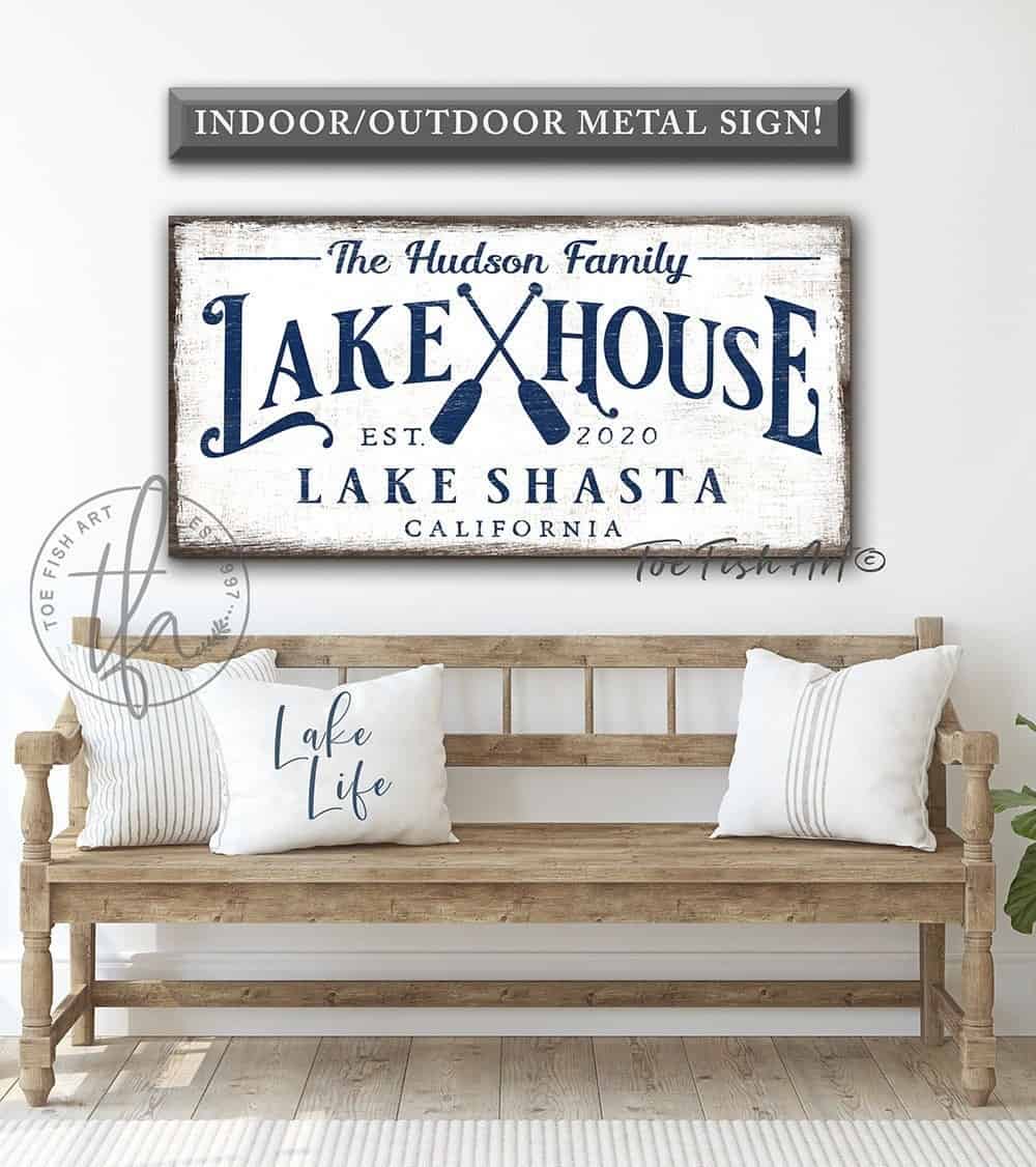 Lake House Personalized Sign handmade by ToeFishArt. Original, custom, personalized wall decor signs. Canvas, Wood or Metal. Rustic modern farmhouse, cottagecore, vintage, retro, industrial, Americana, primitive, country, coastal, minimalist.