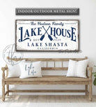 Lake House Personalized Sign handmade by ToeFishArt. Original, custom, personalized wall decor signs. Canvas, Wood or Metal. Rustic modern farmhouse, cottagecore, vintage, retro, industrial, Americana, primitive, country, coastal, minimalist.