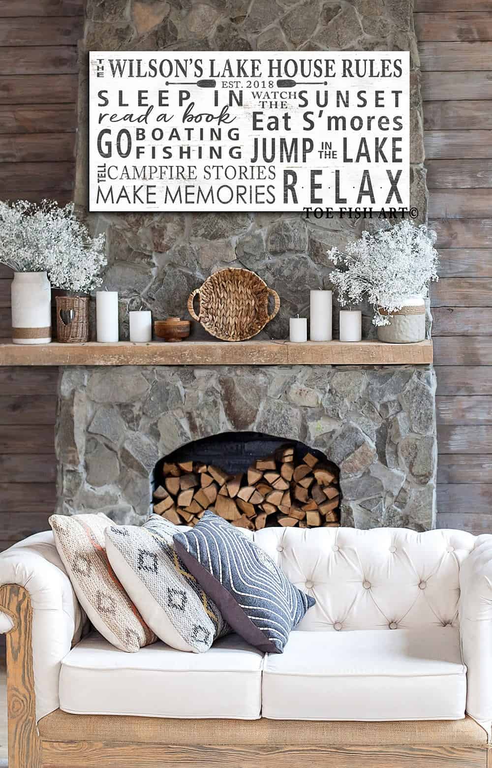 Lake House Rules Sign handmade by ToeFishArt. Original, custom, personalized wall decor signs. Canvas, Wood or Metal. Rustic modern farmhouse, cottagecore, vintage, retro, industrial, Americana, primitive, country, coastal, minimalist.