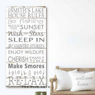 Lake House Rules Sign handmade by ToeFishArt. Original, custom, personalized wall decor signs. Canvas, Wood or Metal. Rustic modern farmhouse, cottagecore, vintage, retro, industrial, Americana, primitive, country, coastal, minimalist.
