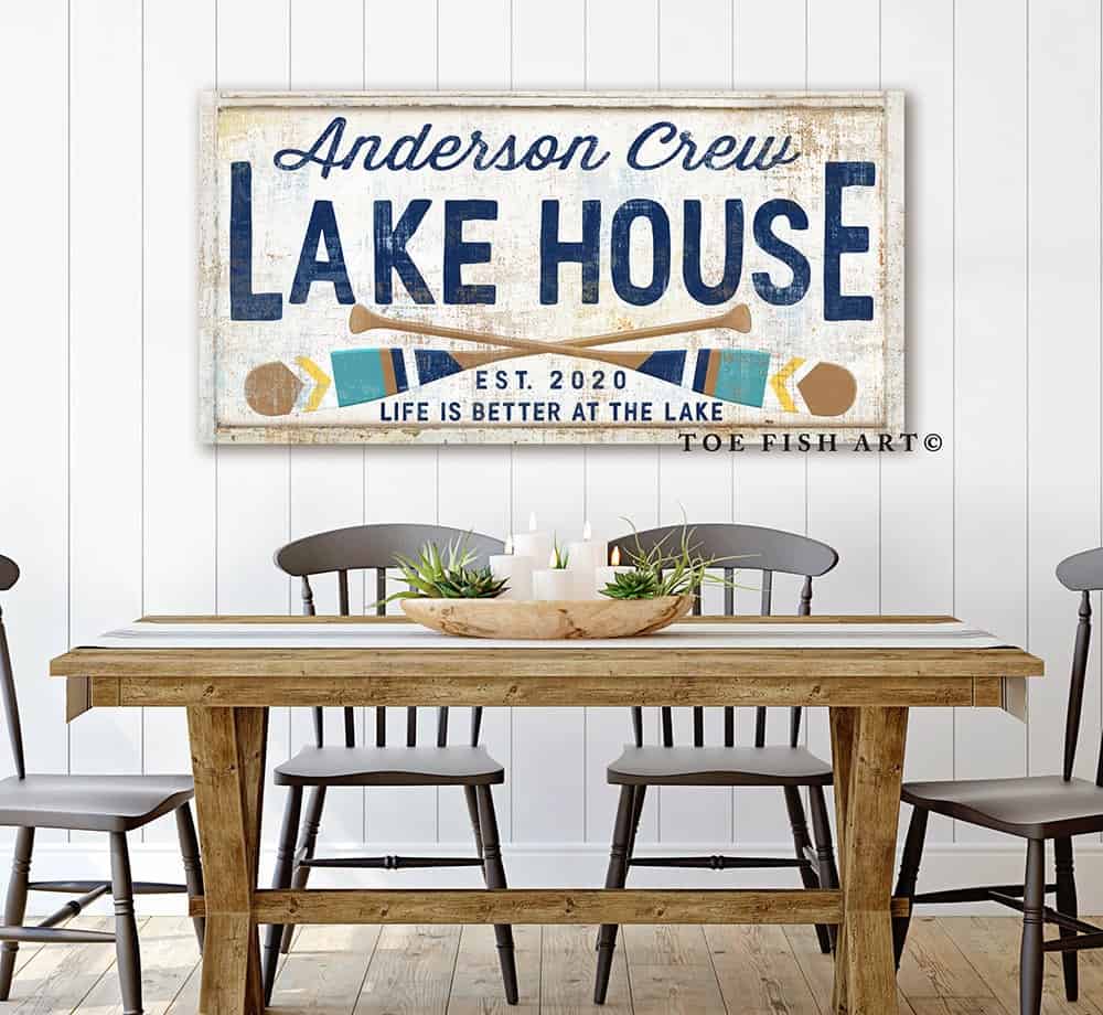 Lake House Sign handmade by ToeFishArt. Original, custom, personalized wall decor signs. Canvas, Wood or Metal. Rustic modern farmhouse, cottagecore, vintage, retro, industrial, Americana, primitive, country, coastal, minimalist.