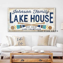 Lake House Sign handmade by ToeFishArt. Original, custom, personalized wall decor signs. Canvas, Wood or Metal. Rustic modern farmhouse, cottagecore, vintage, retro, industrial, Americana, primitive, country, coastal, minimalist.
