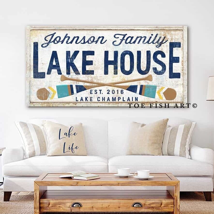 Lake House Sign handmade by ToeFishArt. Original, custom, personalized wall decor signs. Canvas, Wood or Metal. Rustic modern farmhouse, cottagecore, vintage, retro, industrial, Americana, primitive, country, coastal, minimalist.