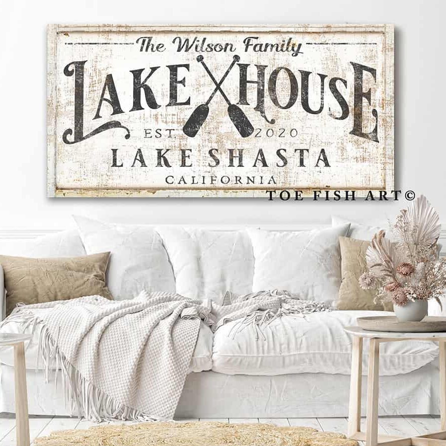 Lake House Sign handmade by ToeFishArt. Original, custom, personalized wall decor signs. Canvas, Wood or Metal. Rustic modern farmhouse, cottagecore, vintage, retro, industrial, Americana, primitive, country, coastal, minimalist.