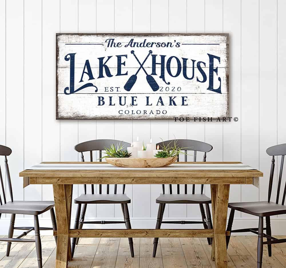 Lake House Sign handmade by ToeFishArt. Original, custom, personalized wall decor signs. Canvas, Wood or Metal. Rustic modern farmhouse, cottagecore, vintage, retro, industrial, Americana, primitive, country, coastal, minimalist.