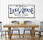 Lake House Sign handmade by ToeFishArt. Original, custom, personalized wall decor signs. Canvas, Wood or Metal. Rustic modern farmhouse, cottagecore, vintage, retro, industrial, Americana, primitive, country, coastal, minimalist.
