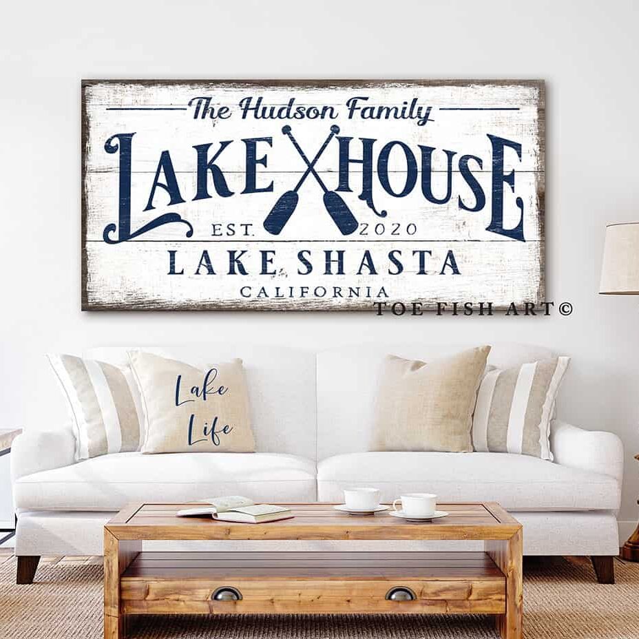 Lake House Sign handmade by ToeFishArt. Original, custom, personalized wall decor signs. Canvas, Wood or Metal. Rustic modern farmhouse, cottagecore, vintage, retro, industrial, Americana, primitive, country, coastal, minimalist.