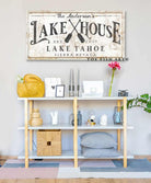 Lake House Sign handmade by ToeFishArt. Original, custom, personalized wall decor signs. Canvas, Wood or Metal. Rustic modern farmhouse, cottagecore, vintage, retro, industrial, Americana, primitive, country, coastal, minimalist.