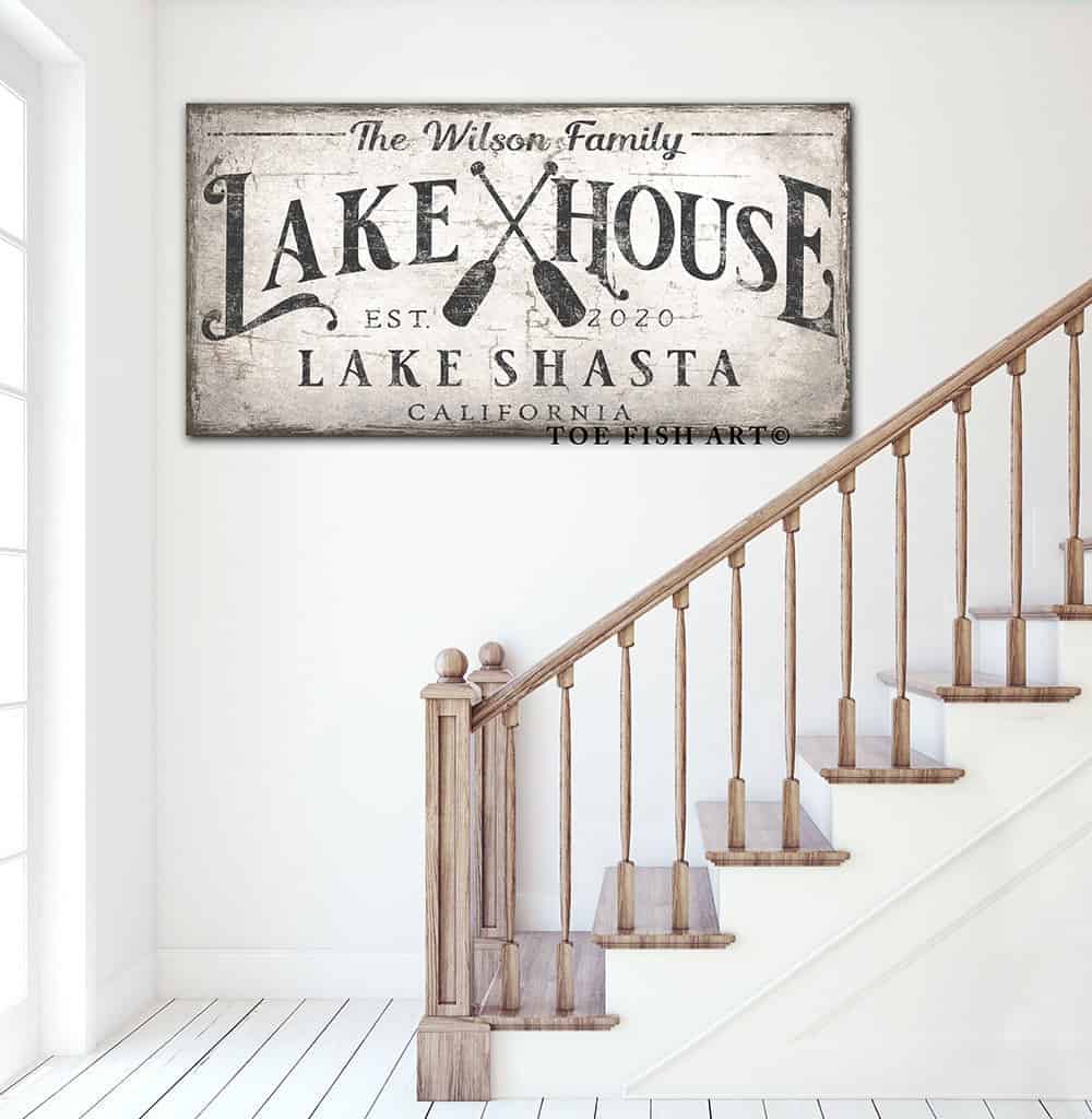 Lake House Sign handmade by ToeFishArt. Original, custom, personalized wall decor signs. Canvas, Wood or Metal. Rustic modern farmhouse, cottagecore, vintage, retro, industrial, Americana, primitive, country, coastal, minimalist.
