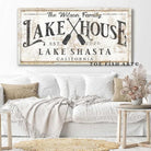 Lake House Sign handmade by ToeFishArt. Original, custom, personalized wall decor signs. Canvas, Wood or Metal. Rustic modern farmhouse, cottagecore, vintage, retro, industrial, Americana, primitive, country, coastal, minimalist.