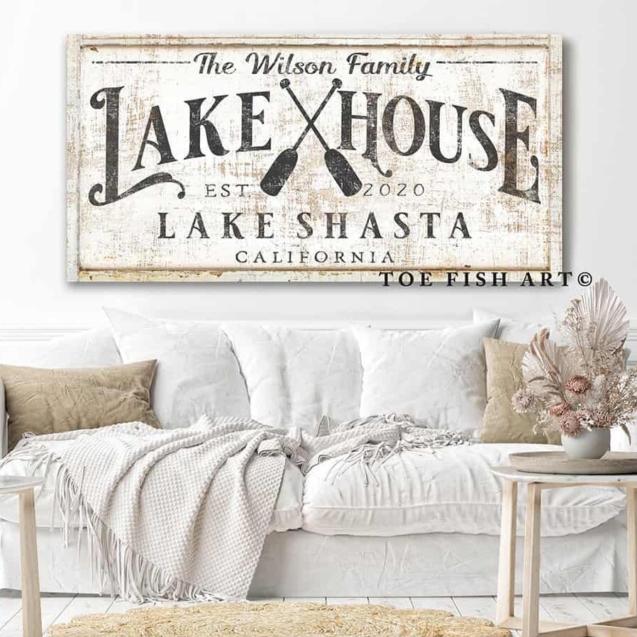 Lake House Sign handmade by ToeFishArt. Original, custom, personalized wall decor signs. Canvas, Wood or Metal. Rustic modern farmhouse, cottagecore, vintage, retro, industrial, Americana, primitive, country, coastal, minimalist.